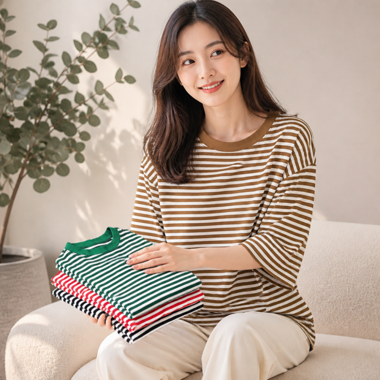 여성 7부 줄무늬 티셔츠 시원한 냉감 의류 찰랑이는 소재