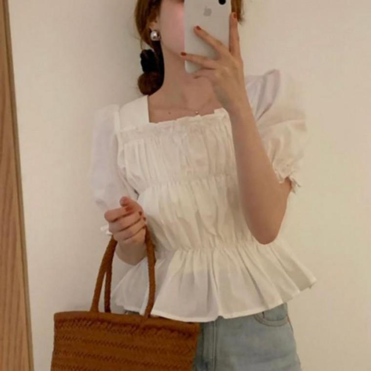 여성 스퀘어넥 크롭 셔링 블라우스 여름 퍼프 소매 반팔 탑 셔츠