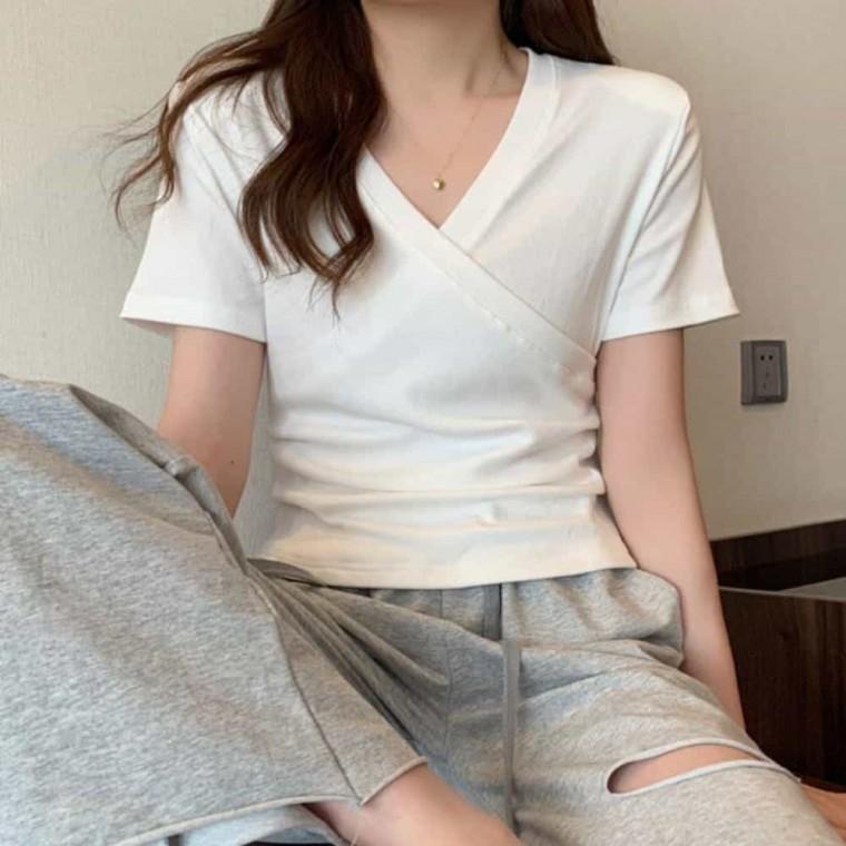 V넥 셔링 랩 반팔티 붙는티셔츠 여성브이넥 여자상의 여성상의 여성여름티