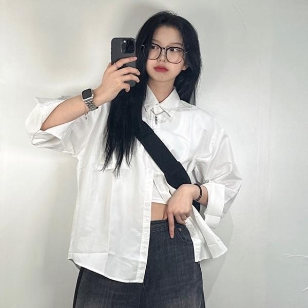 여성 오버핏 긴팔 셔츠 [2color 포켓 여자 흰색 화이트 스카이블루 소라 하늘 베이직 데일리 블라우스]