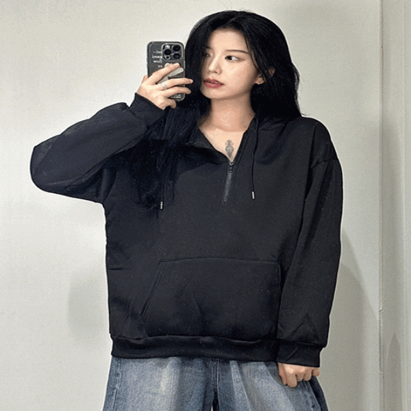 오버핏 반집업 기모 무지 후드티 2color 남녀공용 후드 루즈핏 여성 포켓 블랙 그레이 회색 가을 겨울 여자