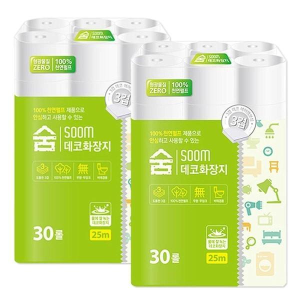 100% 펄프 데코 3겹 25m 30롤 2팩 휴지 두루마리 무형광 무포름알데히드