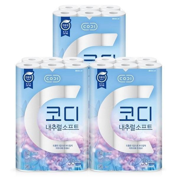 코디 화장지 내추럴 소프트 3겹 27M 30롤 3개
