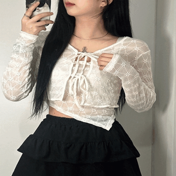 나시 가디건 세트 SET 여성 시스루 레이스 언발 리본 티 썸머 슬리브리스 크롭 자수 민소매 티셔츠 투피스