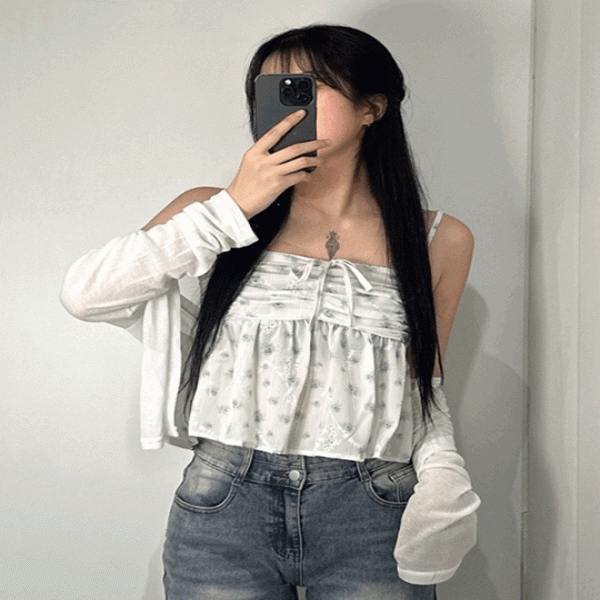 플라워 셔링 나시 가디건 SET 세트 리본 꽃 프릴 블라우스 스모크 밴딩 뷔스티에 여성 봄 여름 슬리브리스