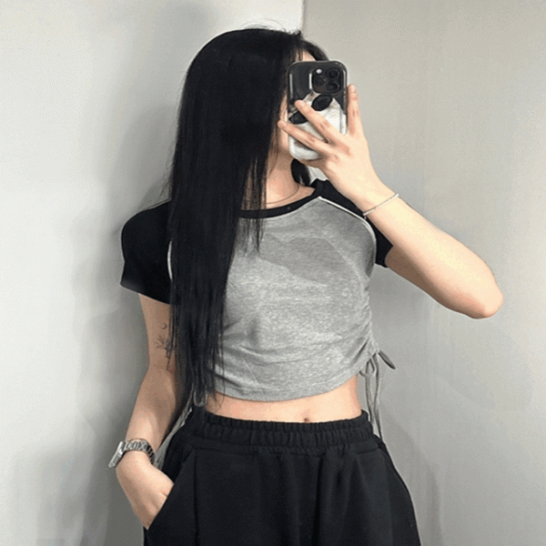여성 옆 셔링 나그랑 티 배색 크롭 반팔 티셔츠 [3color 여자 라글란 스트링 핑크 소라 스카이 그레이]