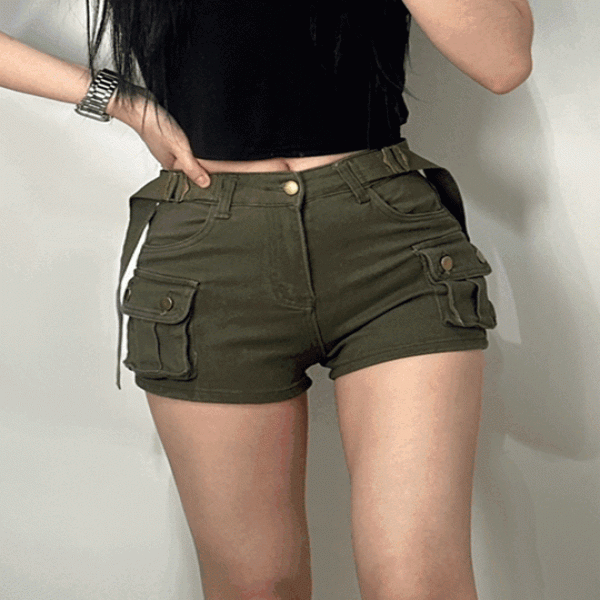여성 벨트 SET 골반 볼륨 업 반바지 카고 숏팬츠 핫팬츠 4color 버클 포켓 여름 블랙 카키 베이지 화이트