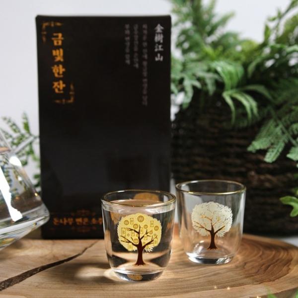 금빛한잔 돈나무 변색 잔 소주잔 술잔 선물 세트 [2P 색변하는 변온 신혼부부 집들이 외국인 식당 ]