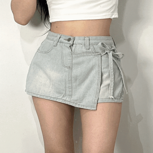 리본 랩 워싱 데님 치마바지 [미니 스커트 숏팬츠 여성 A라인 치마 여자 연청 반바지 언발 면 바지 유니크]