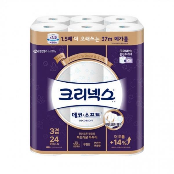 크리넥스 3겹 데코소프트 37m 24롤 메가롤 화장지 휴지