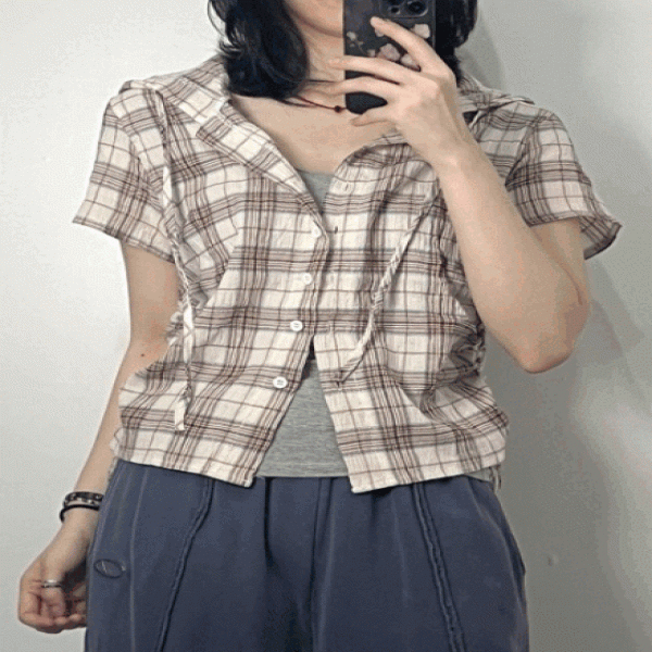 여성 후드 집업 반팔 체크 셔츠 남방 블라우스 티 3color 여자 빈티지 여름 셔링 베이지 그린 카키 네이비