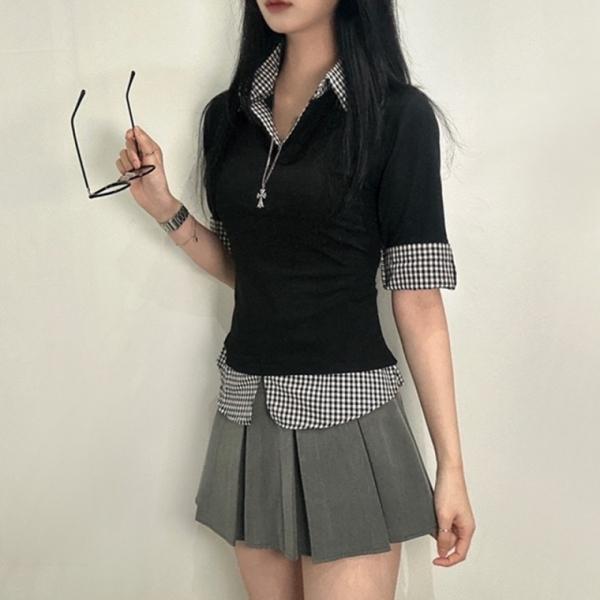 긱시크 룩 여성 체크 포인트 반팔 카라 셔츠 티 셔츠일체형 티셔츠 반팔티 롤업 레이어드 카라넥 브이넥
