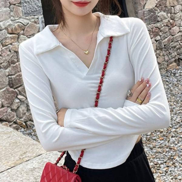오픈 카라 브이넥 긴팔 골지 디자인 깔끔하고 고급스러운 목선 강조 간절기 티셔츠 레이어드