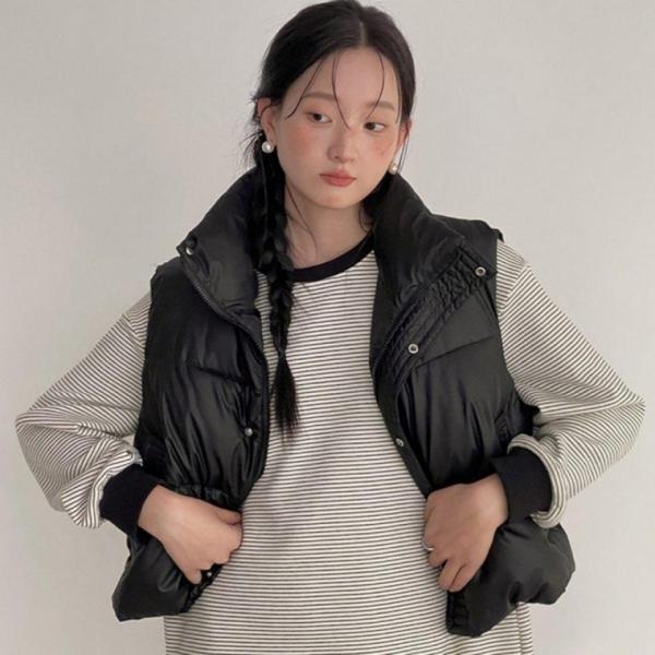 여성 겨울 귀여운 크롭기장 꾸안꾸 스티치 패딩 조끼 남녀 작업 여성 용 남자 방한 커플 남성 경량패딩