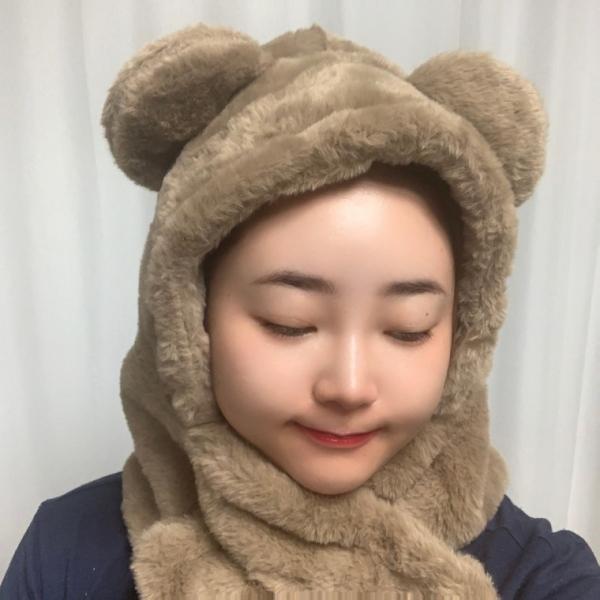 양털 곰돌이 귀여운 털 모자 목도리 일체형 귀마개