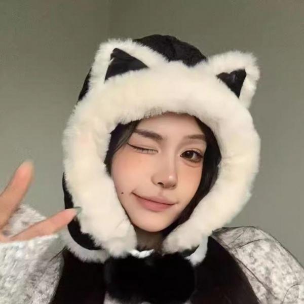 여성 귀여운 고양이귀 모자 버킷햇 후드 방한 털모자 겨울 귀달이 방한모자 10대 생일