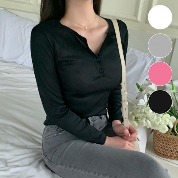 베이직 슬림 티셔츠 라운드넥 버튼 여성 골지 긴팔티