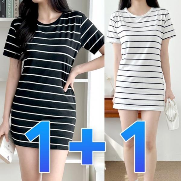 1+1 여성 미니 원피스 줄무늬 여름 데일리 스커트