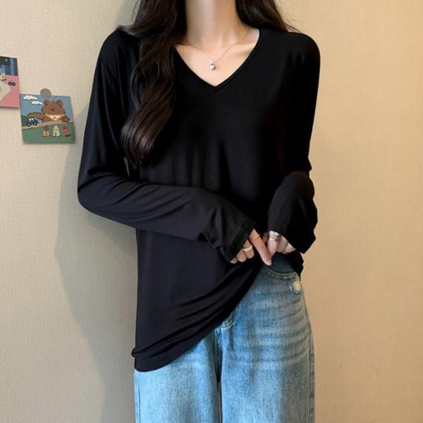 V넥 롱슬리브 긴팔티 여성 레이어드 무지 스판 티셔츠