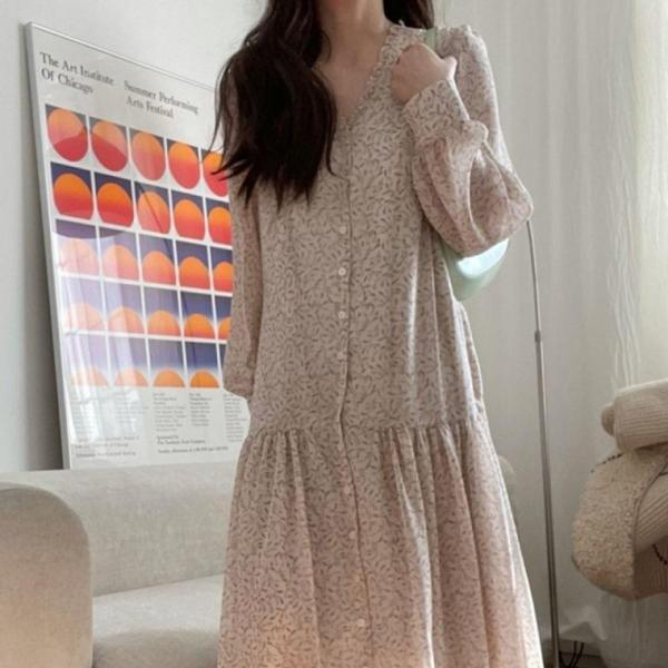 여성 봄 가을 브이넥 셔링 긴팔 롱 원피스 아이보리 셔링 여성 퍼프소매 룩 결혼식 롱 예쁜 정장 봄