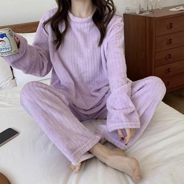 극세사 수면 잠옷 홈웨어 골지 상하의 극세사 바지 수면 세트 잠옷 여성 여자