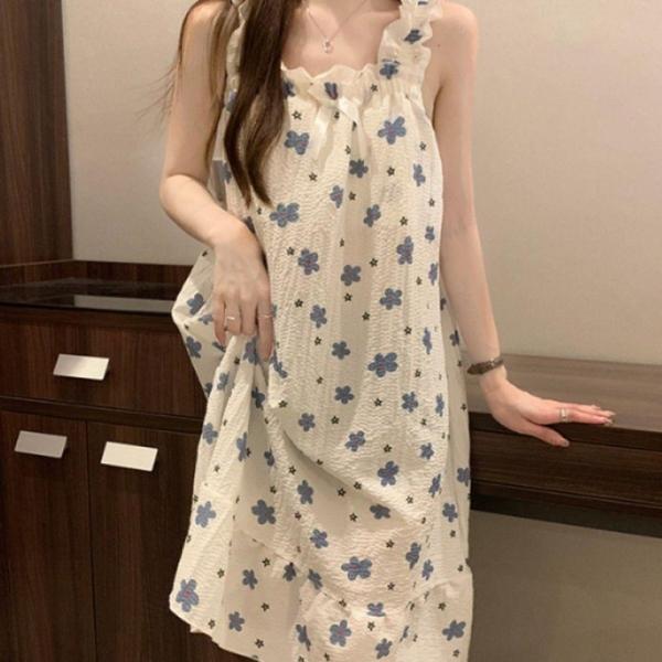 민소매 나시 원피스 잠옷 시원한 쿨링 잠옷 홈웨어 여성 원피스잠옷 꽃무늬잠옷 나시 지지미 여자잠옷