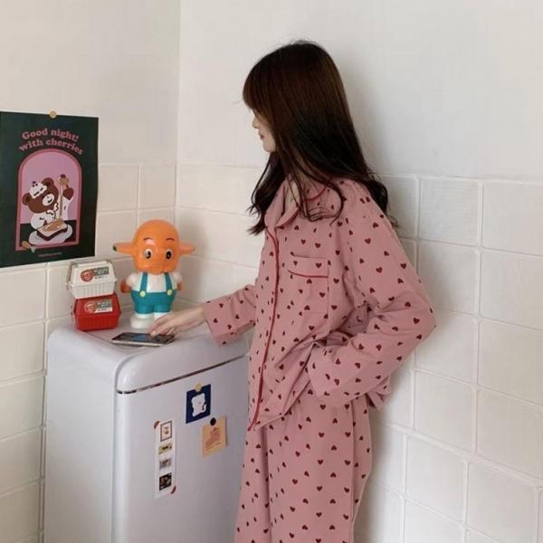 잠옷 하트 파자마 긴팔 수면 여성 홈웨어 여성 어른 잠옷 세트 실내복 수면 파자마 홈웨어 긴팔 겨울