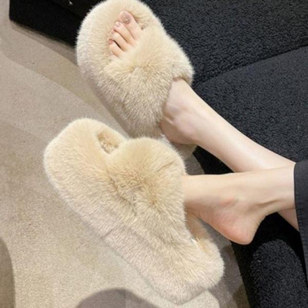 7cm 여성 밍크 털 크로스 스트랩 슬리퍼 사무 실내화 털슬리퍼 겨울 사무실슬리퍼 거실화