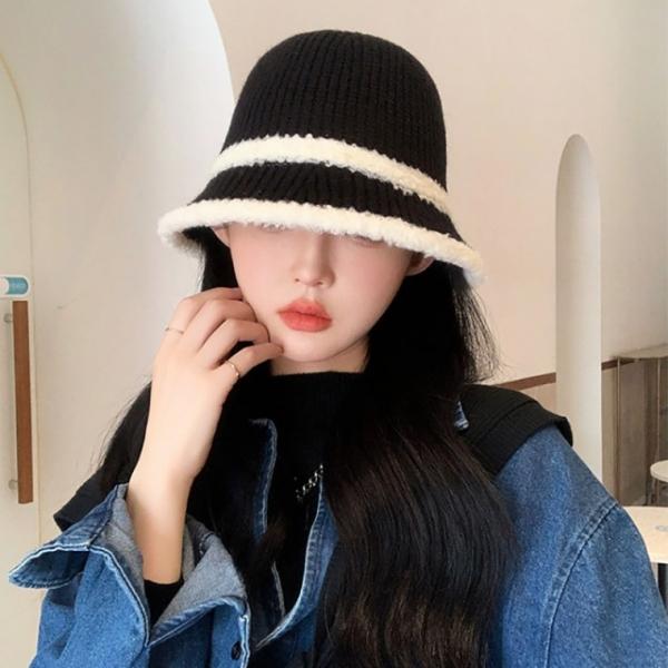 여성 두줄 보송 양모 벙거지 모자 챙모자 버킷햇 겨울 니트 겨울 울 여자