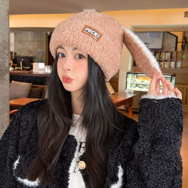PECK 토끼 귀 비니 모자 래빗 털 모자 겨울 털실 모자 스키장 여성 학생 여자 퍼