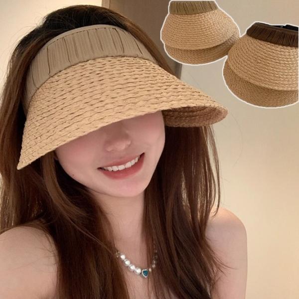 주름 밴드 밀짚 썬캡 모자 왕골 자외선 차단 햇빛 여성 여자 휴가 여름 해변 비치 휴가