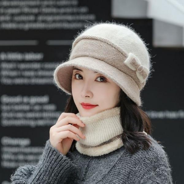 은창]워머 세트 리본 사이드 포인트 배색 모자 워머 세트 털모자 보온 가을 겨울 겨울모자 여성 벙거지 모