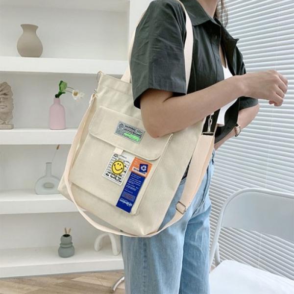 은창]해피 레터링 라벨 캔버스 크로스백 에코백 가방 숄더백 가방 백 장바구니 쇼핑백 쇼퍼백 휴가 여성 빅