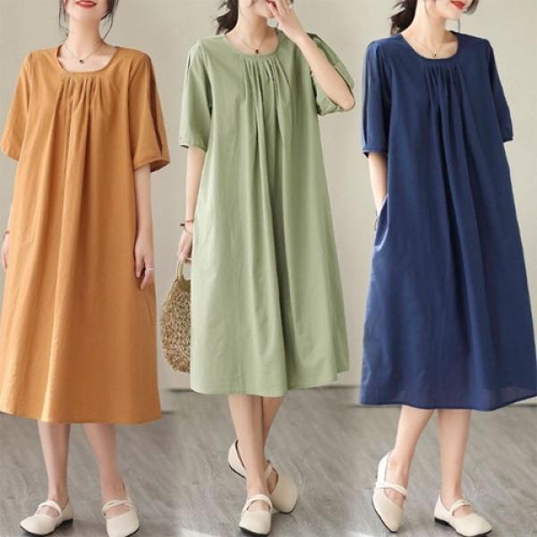 은창]무드 컬러 넥라인 셔링 면 원피스 여름 치마 면혼방 빅사이즈 원피스 루즈핏 퍼프 반팔 롱원피스 여성