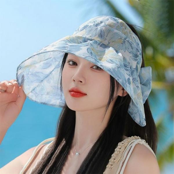 은창]로맨틱 리프플라워 리본 선캡 모자 선캡 면모자 썬캡 여름 왕골 여름 자외선차단 휴가 비치 여성