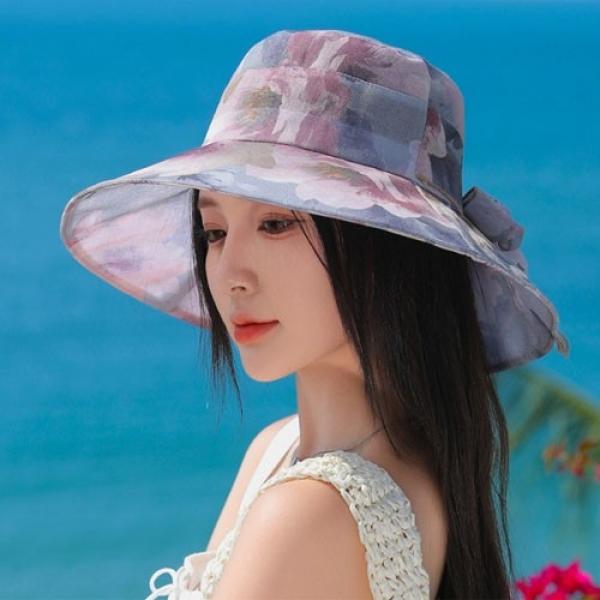 은창]로맨틱 플라워 노방 리본 선캡 모자 버킷햇 썬캡 여름 왕골 여름 자외선차단 휴가 비치 여성 외출