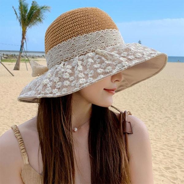 은창]데이지 레이스 챙 리본 짜임 모자 벙거지모자 선캡 썬캡 봄 여름 캡모자 밀짚 왕골 나들이 여성 성