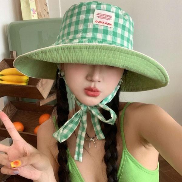 은창]격자 체크 양면 와이드 챙 선캡 모자 선캡 면모자 썬캡 여름 왕골 여름 자외선차단 휴가 비치 여성