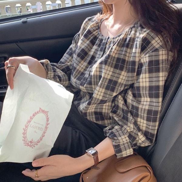 은창]데일리 체크 헨리넥 블라우스 셔츠 티셔츠 가을 겨울 상의 긴팔 아우터 잠바 점퍼 여성 간절기