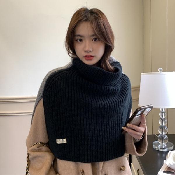 여성 터틀넥 배색 트임 니트 케이프 숄 목도리 슬릿 하이 칼라 투톤 숄 k311