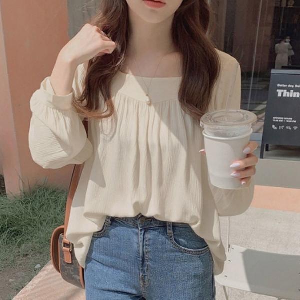 상의 긴팔 스퀘어넥 블라우스 쉬폰 예쁜 여성