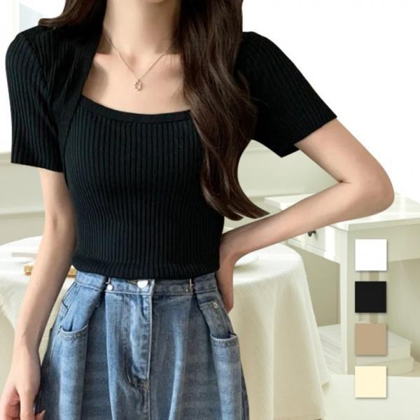 여성 스퀘어넥 골지 티셔츠 데일리 프리사이즈