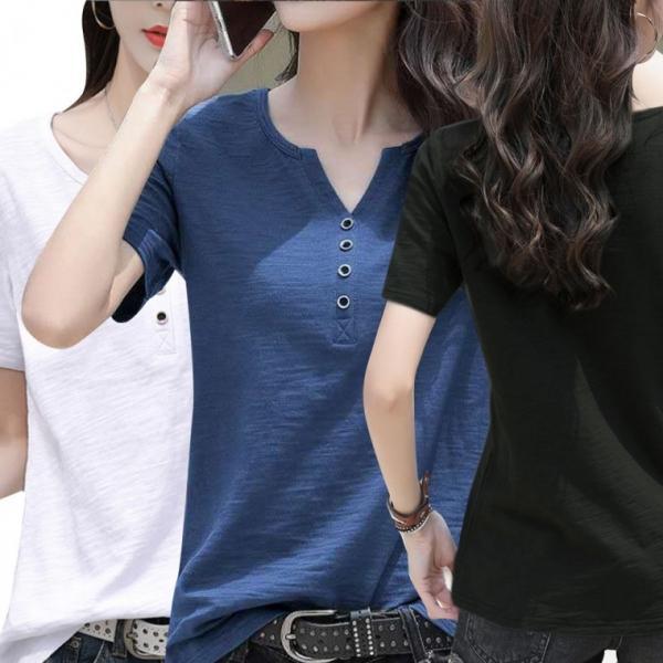 여성 여름 V넥 반팔 티셔츠 반팔 반팔티 브이넥 쿨티 여자