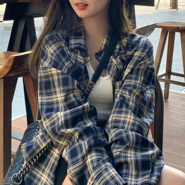 네이비 체크 무늬 오버핏 긴팔셔츠 블라우스 여성 루즈핏 베이직 기본 긴팔 셔츠 남방