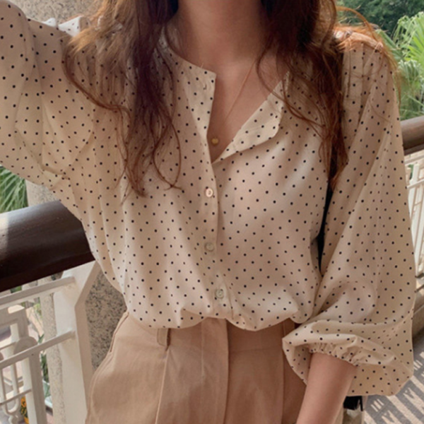 카라리스 여성 루즈핏 긴팔셔츠 하늘하늘 블라우스 와이드 퍼프 소매 긴팔 도트 셔츠 남방