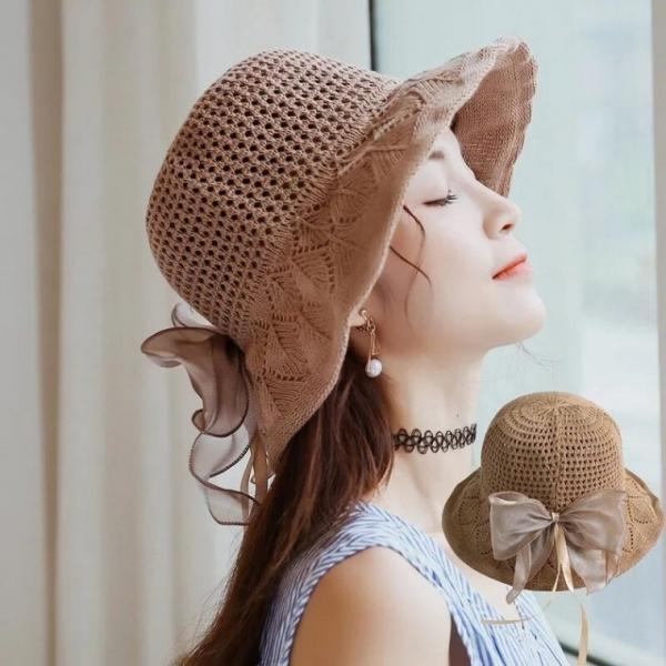 [싸더라] 리넨 리본 썬캡모자 여성 벙거지모자 밀짚 버킷햇