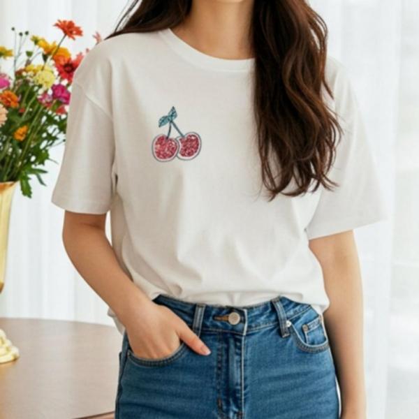 여름 여자 체리 프린팅 티셔츠 티셔츠 반팔티 흰 여성 면 여름 여성