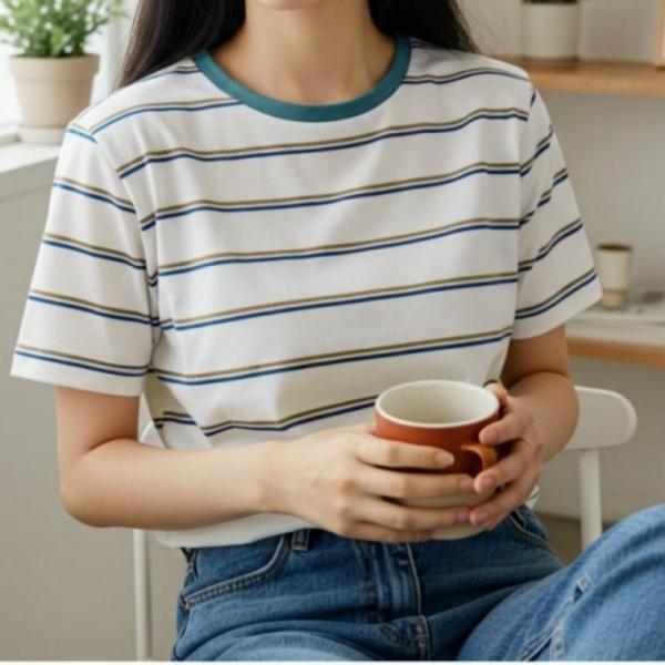 스트라이프 여성 라운드 여름 줄무늬 티셔츠 예쁜티 반팔 티 셔츠
