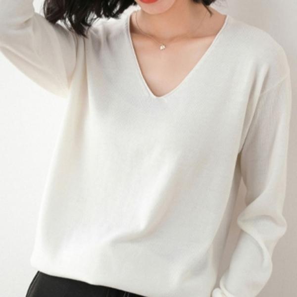 레귤러핏 여성 긴팔 티셔츠 무지 브이넥 여자 상의