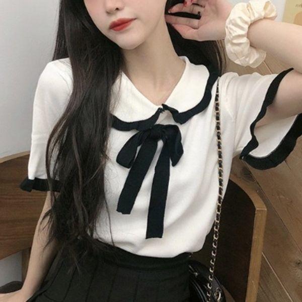 카라 여성 반팔티 레이스 리본 여성 반팔 티셔츠